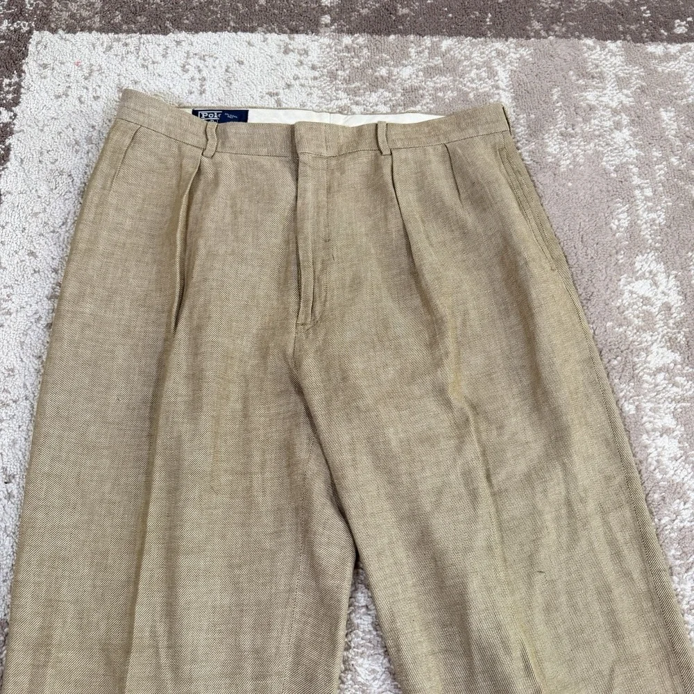 VTG Polo Ralph Lauren Dress Pants Mens 36x31 Brown Linen Blend Pleated Preppy
